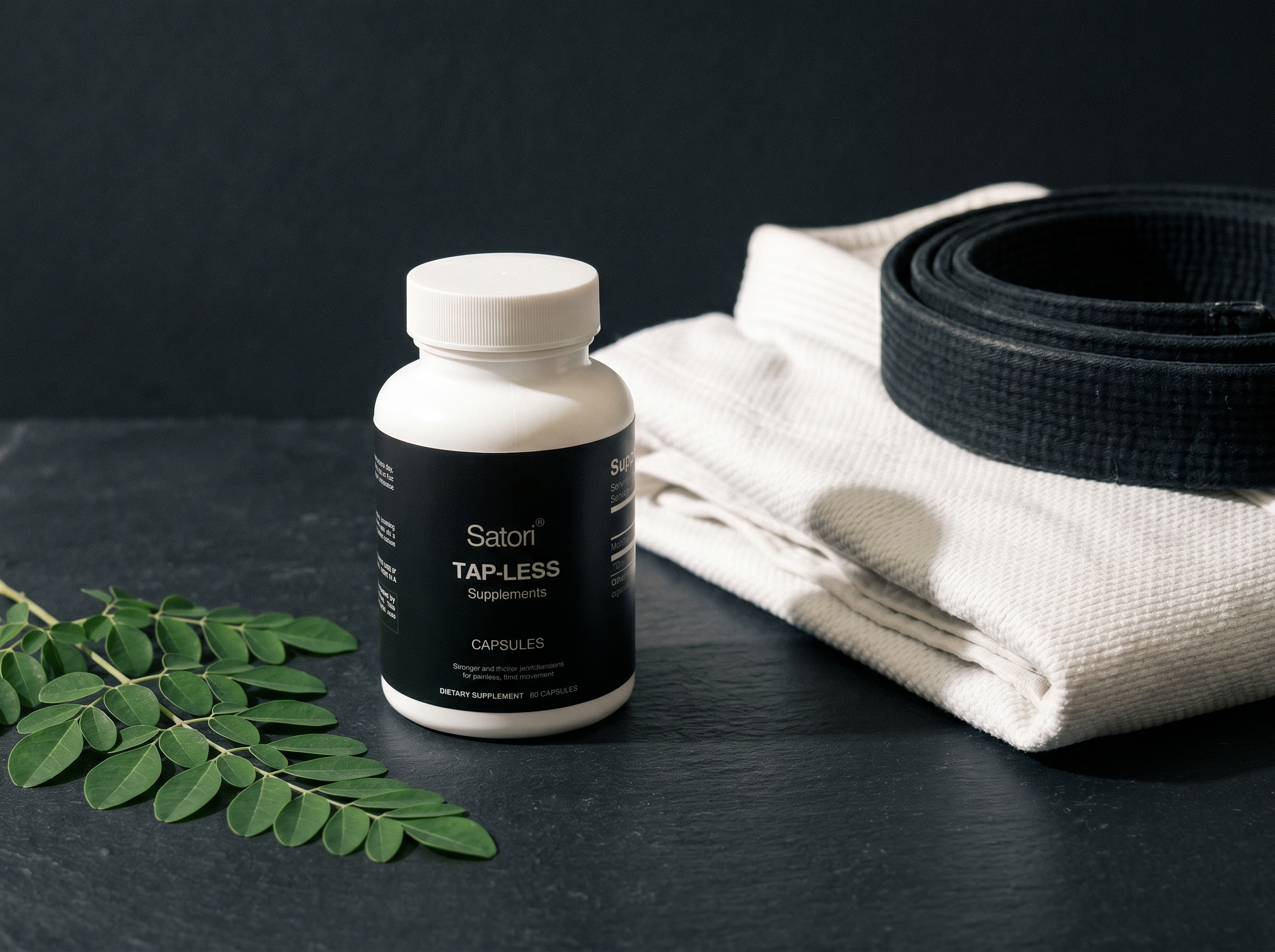 Satori Tap-Less supplement on black background