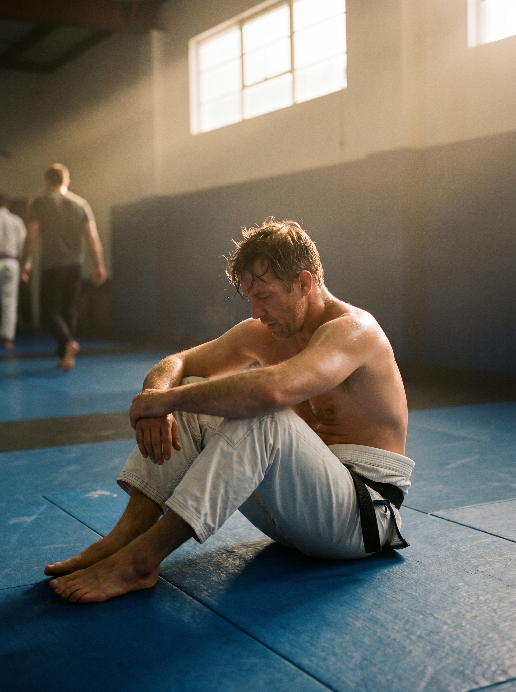 Exhausted grappler recovering on the mat